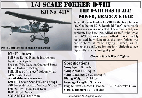 Balsa Usa 1/4 Fokker D-V111 Kit 82Ws .90/120 4C