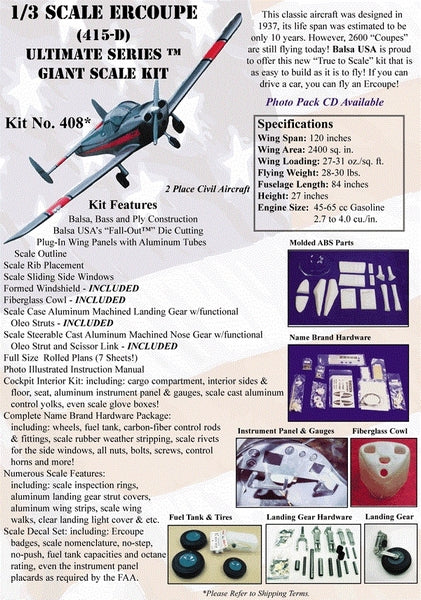 Balsa Usa 1/3 Ercoupe Kit 120 Sp. 45-55Cc/61Fg