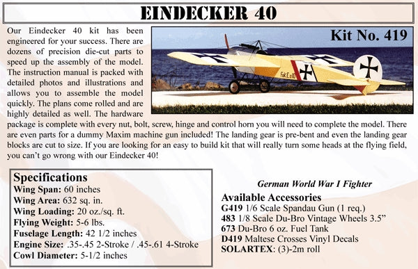 Balsa Usa Fokker Eindecker 40 Kit 60 Ws 40/46 2C