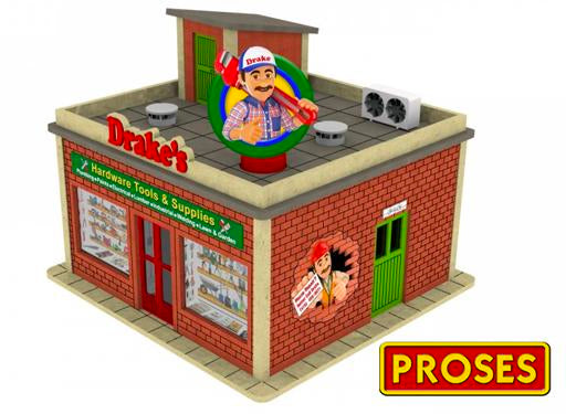 Bachmann Drake's Hardware Store w/Light& Rotating Sign Kit, O Scale