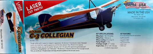 Balsa Usa 1/4 scale Aeronca C-3 Collegian 2705mm WS 1.25-1.50 4C 5.5Kg